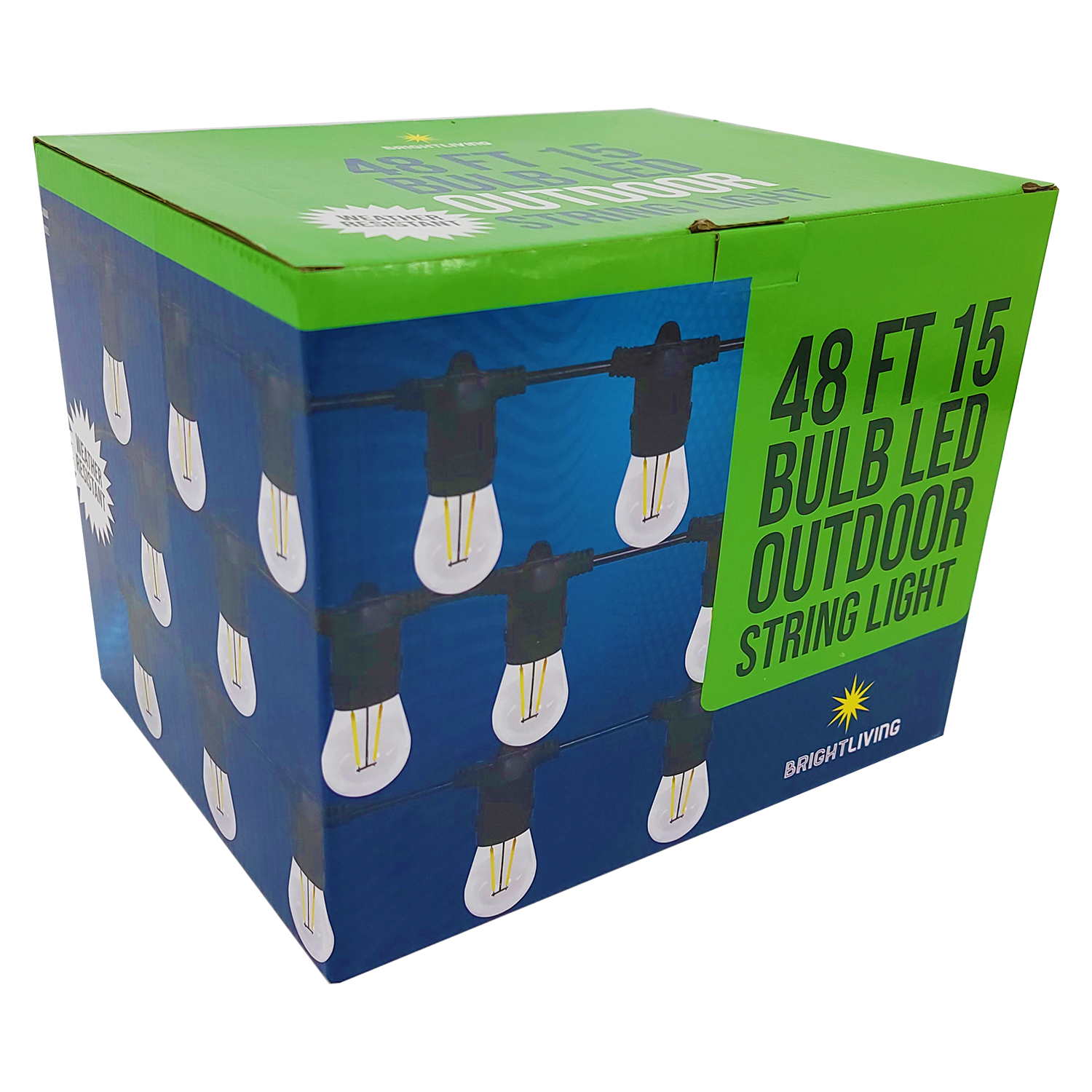 BRIGHTLIVING 48ft LED Outdoor String Lights IP65 Rated (15 Bulbs), FOB KS