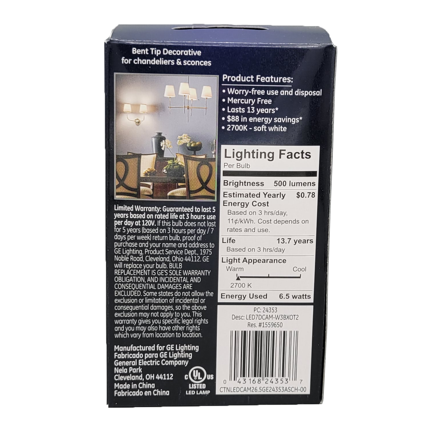 GE Light Bulb 60W Decorative Dimmable, FOB KS