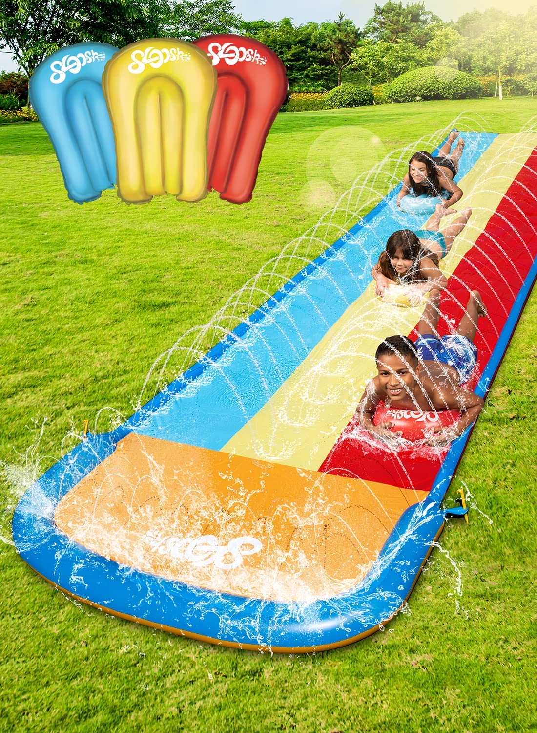 22.5ft Sloosh SIip Slide 3 Person Deluxe Water Slides with 3 Boogie Boards Backyard Outdoor Giant Waterslide 3 Sliding Racing Lanes with Sprinklers Summer Toy 22.5ft x 78in