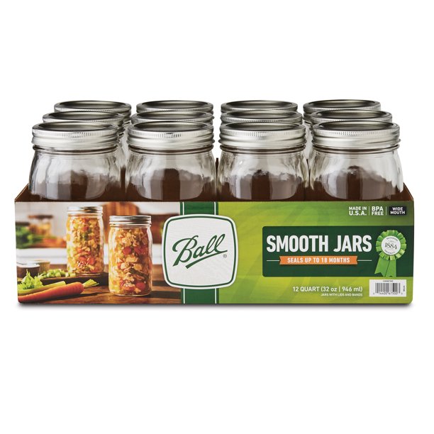Ball Smooth-Sided Glass Mason Jars with Lids & Bands, 32 oz, 12 Count, FOB KS