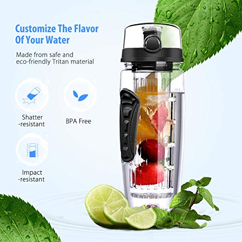 OMorc 32 OZ Sport Fruit Infuser Water Bottle, Flip Top Lid & Dual Anti-slip Grips, BPA Free, FOB KS
