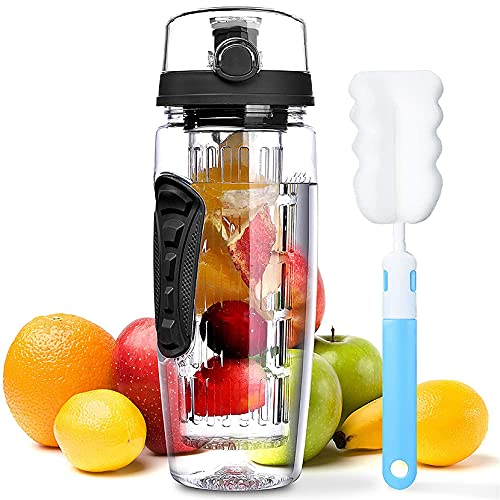 OMorc 32 OZ Sport Fruit Infuser Water Bottle, Flip Top Lid & Dual Anti-slip Grips, BPA Free, FOB KS