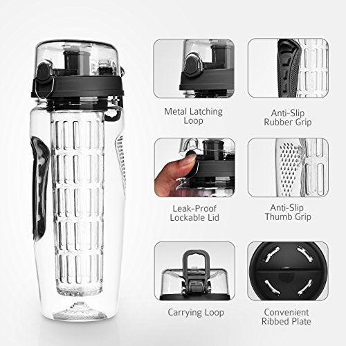 OMorc 32 OZ Sport Fruit Infuser Water Bottle, Flip Top Lid & Dual Anti-slip Grips, BPA Free, FOB KS