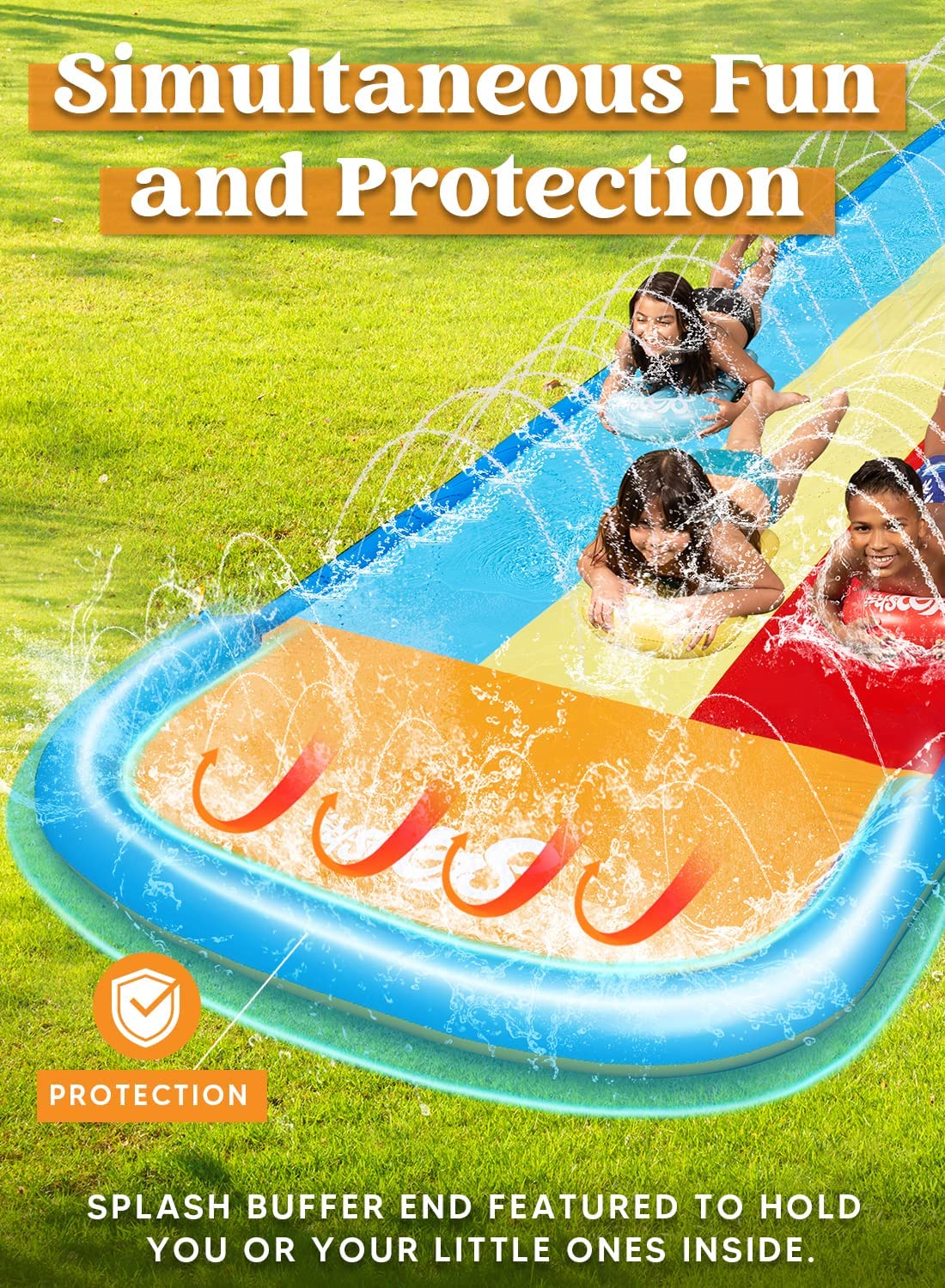 22.5ft Sloosh SIip Slide 3 Person Deluxe Water Slides with 3 Boogie Boards Backyard Outdoor Giant Waterslide 3 Sliding Racing Lanes with Sprinklers Summer Toy 22.5ft x 78in