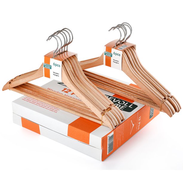 Bevoll Home Wood Hanger Set of 12, Natural Wood Hanger Set, FOB KS
