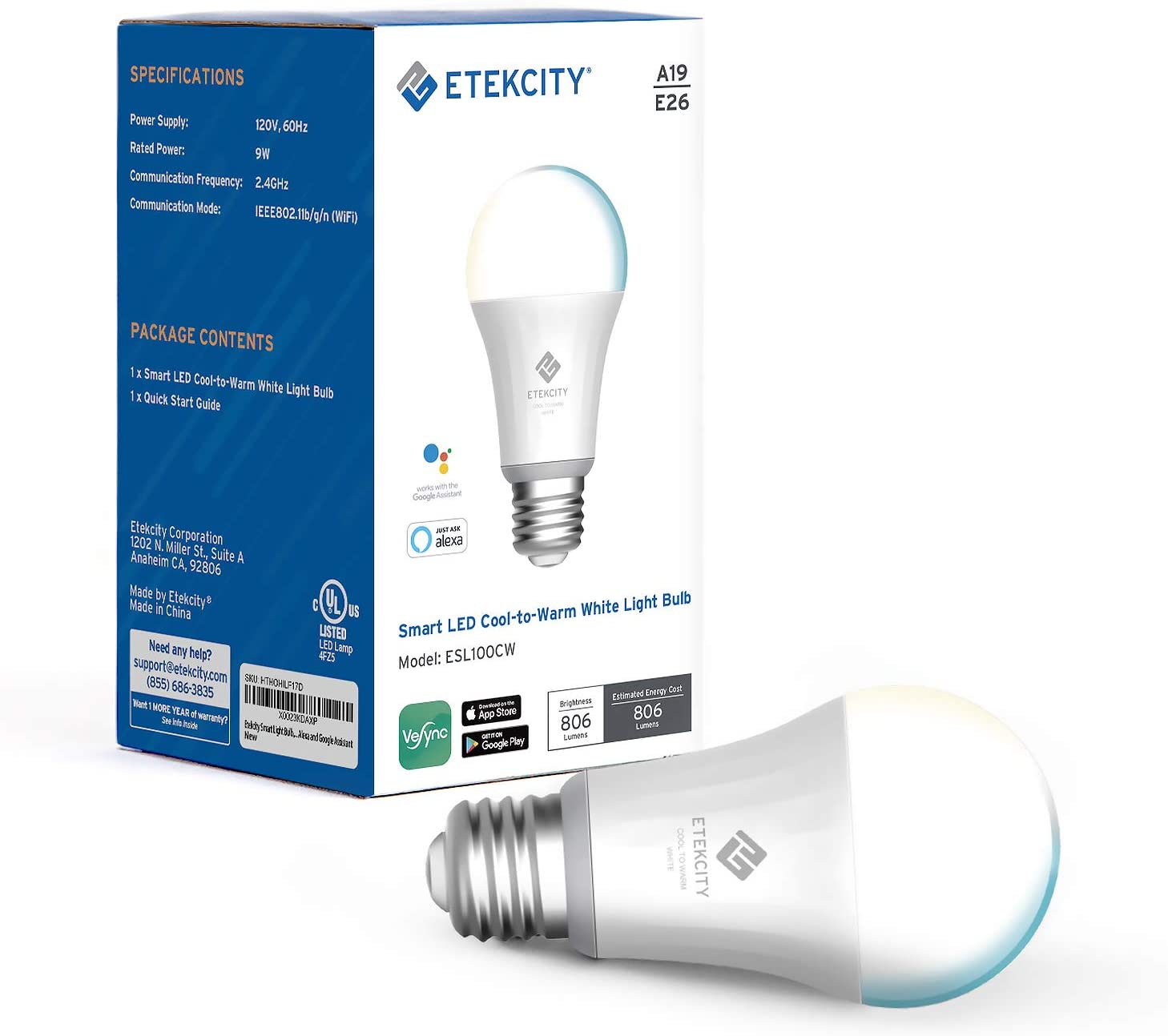 Etekcity Smart LED Light Bulb with WiFi, No Hub Required, FOB KS
