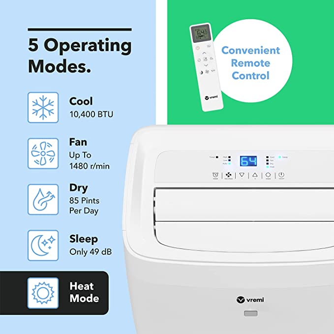 Vremi 10,400 BTU Portable Air Conditioner with Heat - for Rooms up to 450 Square Feet, FOB KS