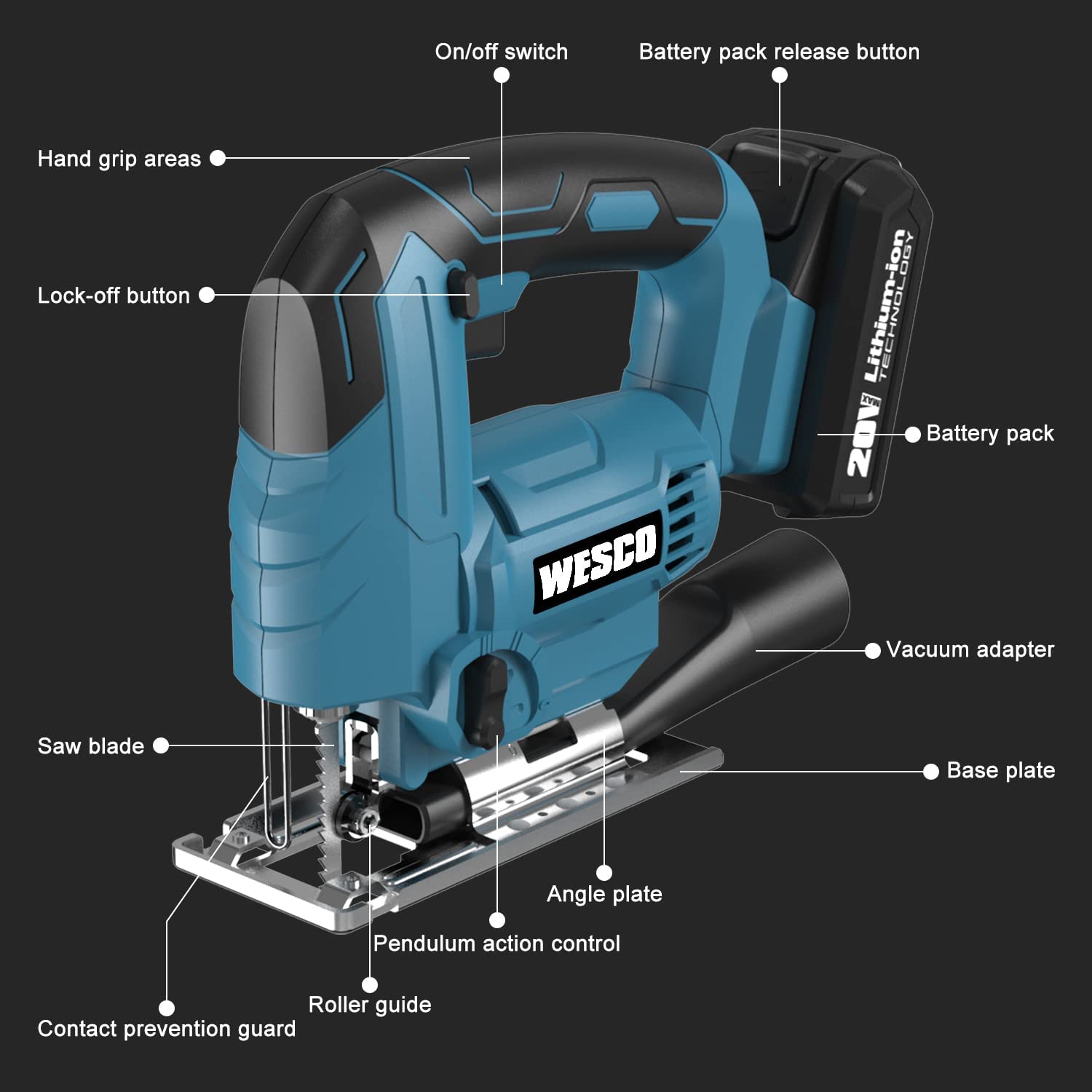 Wesco Cordless Jigsaw Tool with 20V Battery, 2500SPM, 4 Orbital Variable Speed and LED Light