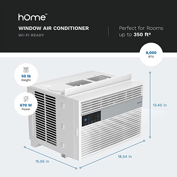 hOmeLabs 8,000 BTU Window Air Conditioner with Smart Control – Low Noise AC Unit with Eco Mode, LED Control Panel, Remote Control, and 24 hr Timer, FOB KS