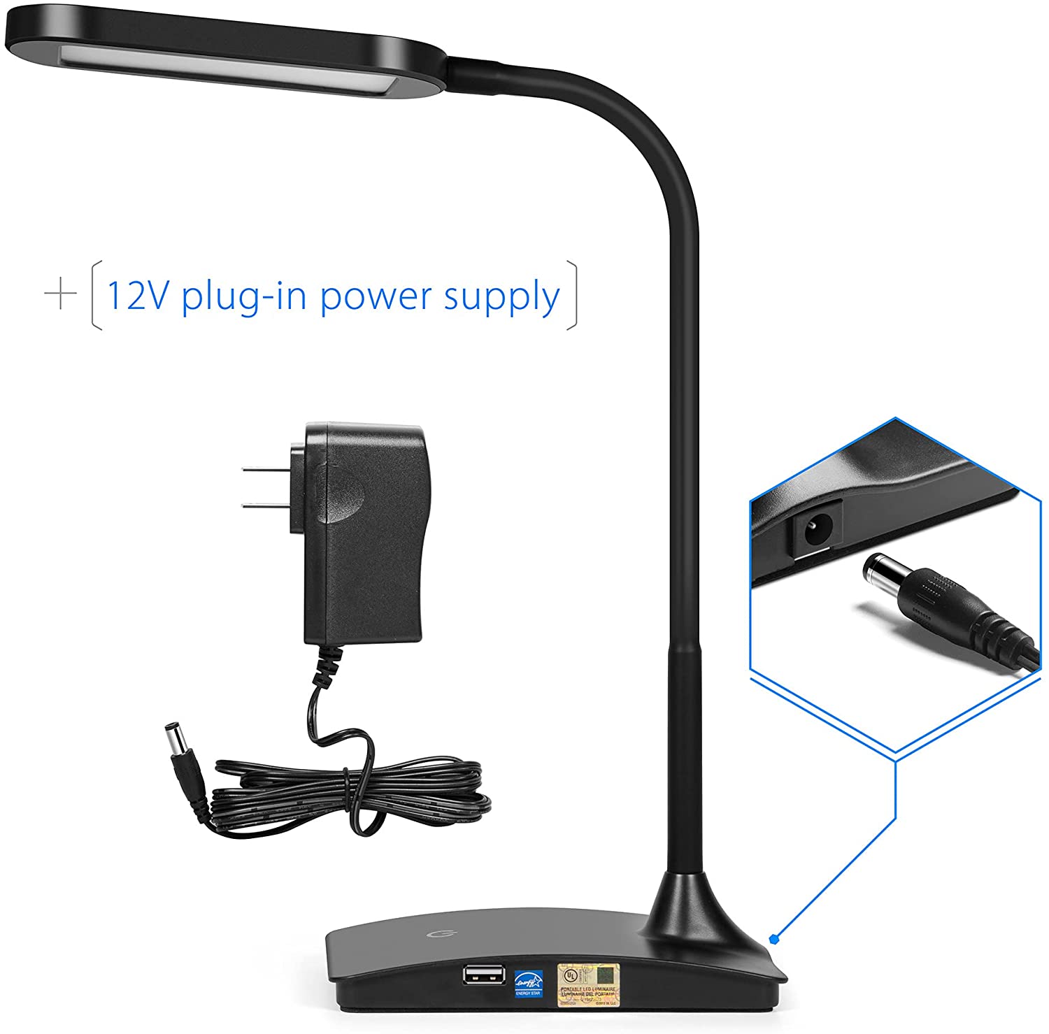 TW Lighting IVY20-40BK Ivy LED Desk Lamp with USB Port for Home Office - Super Bright Small Desk Lamp, FOB KS