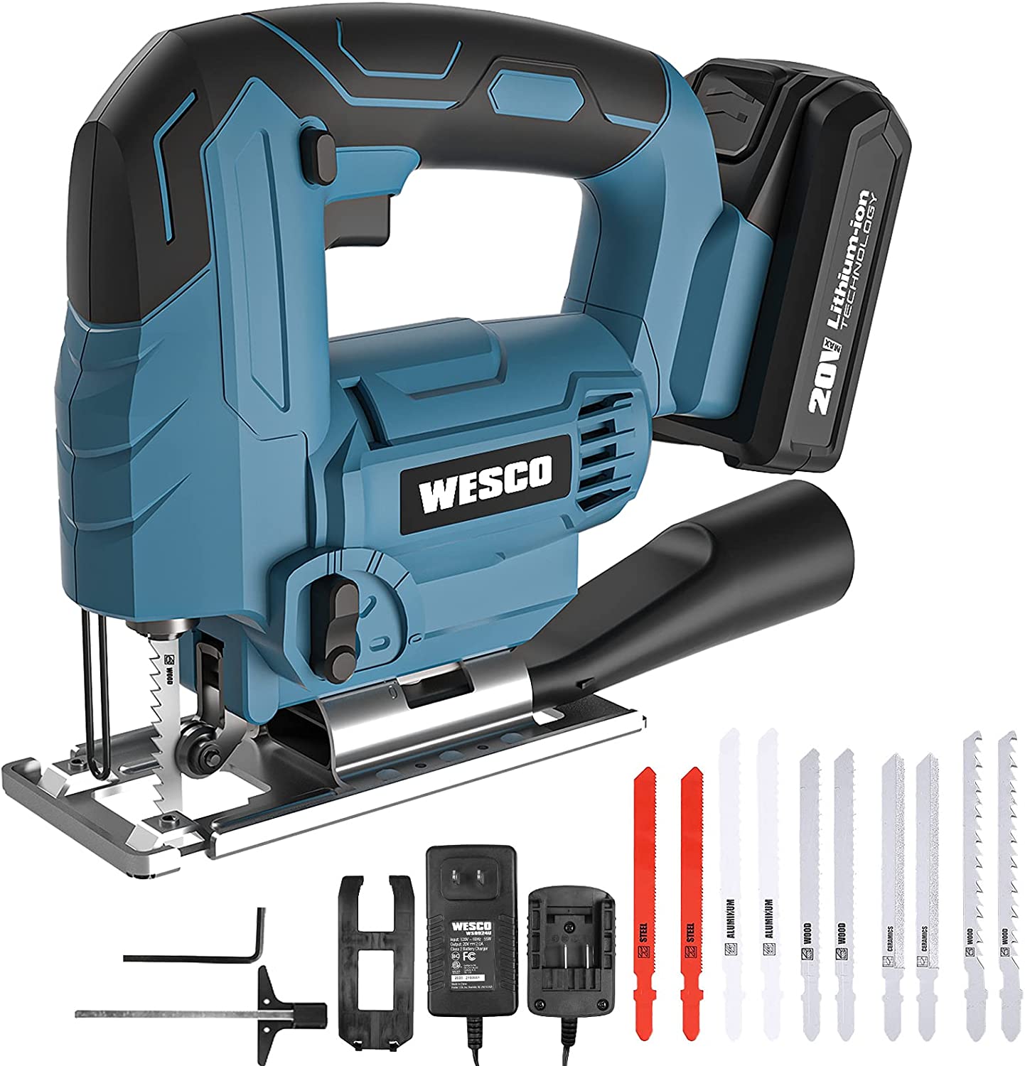 Wesco Cordless Jigsaw Tool with 20V Battery, 2500SPM, 4 Orbital Variable Speed and LED Light