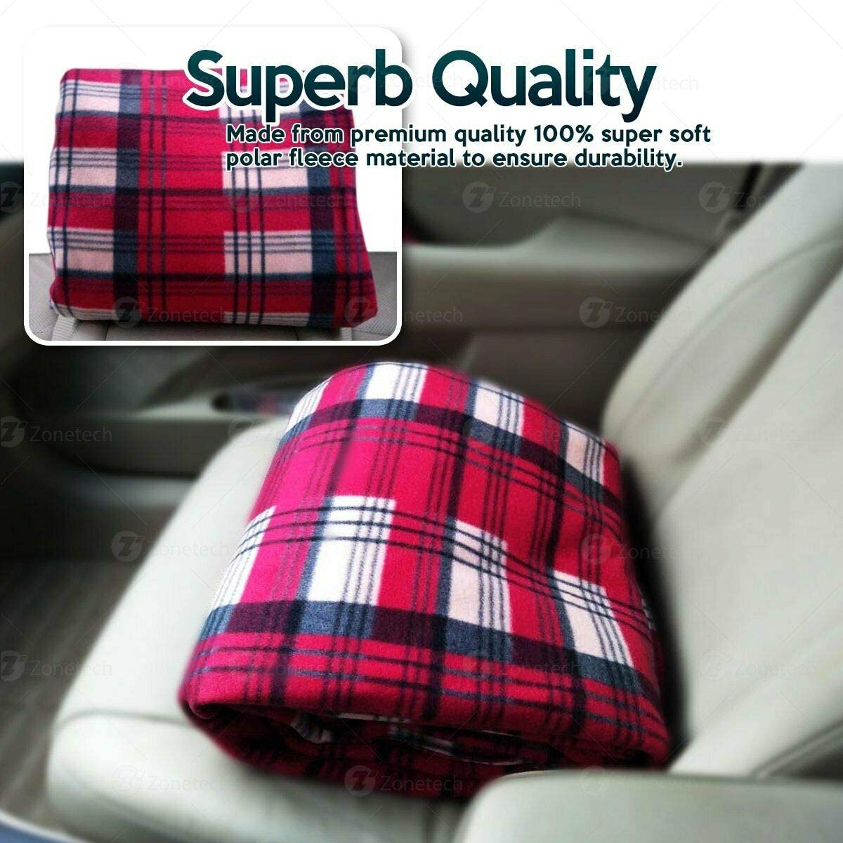 Zonetech Car Travel Blanket Premium Quality 12V Automotive Red Plaid Polar Fleece, FOB KS