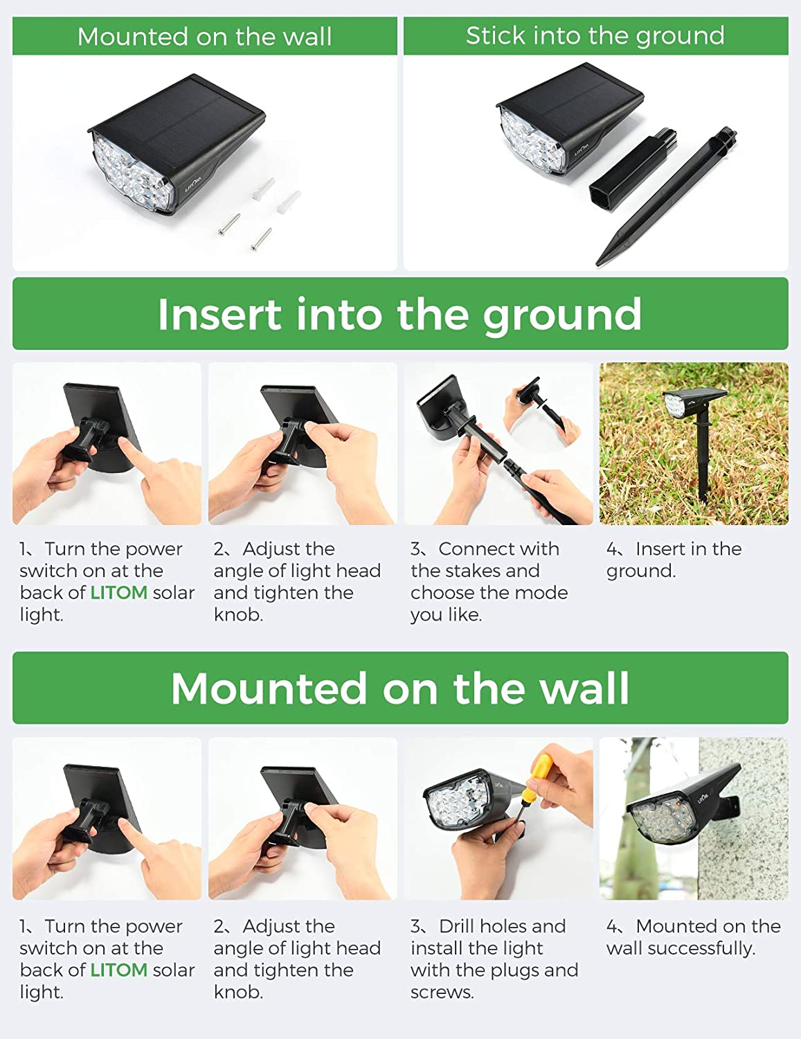 Litom Outdoor Solar Spotlights with USB Charging, 2 Pack, FOB KS