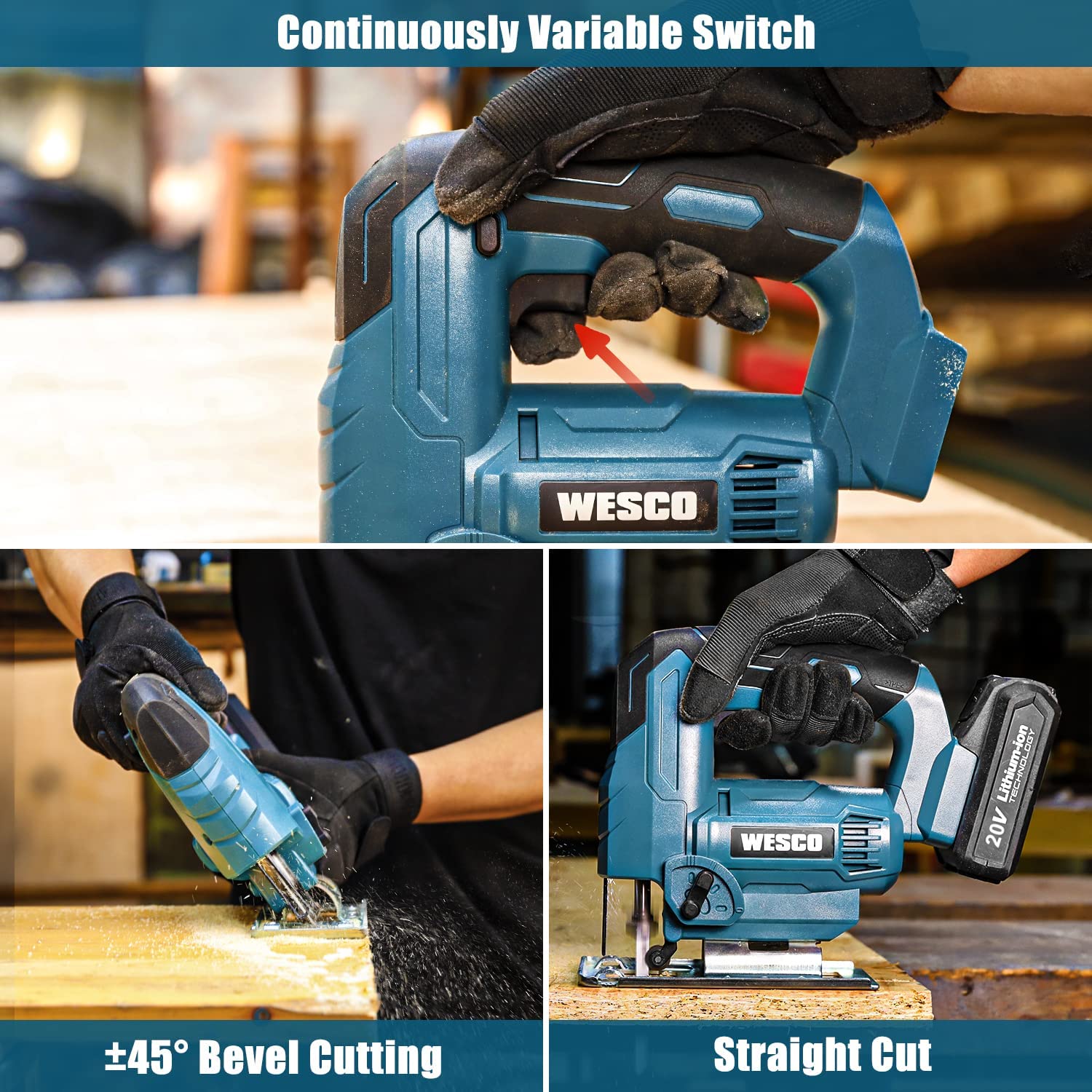 Wesco Cordless Jigsaw Tool with 20V Battery, 2500SPM, 4 Orbital Variable Speed and LED Light