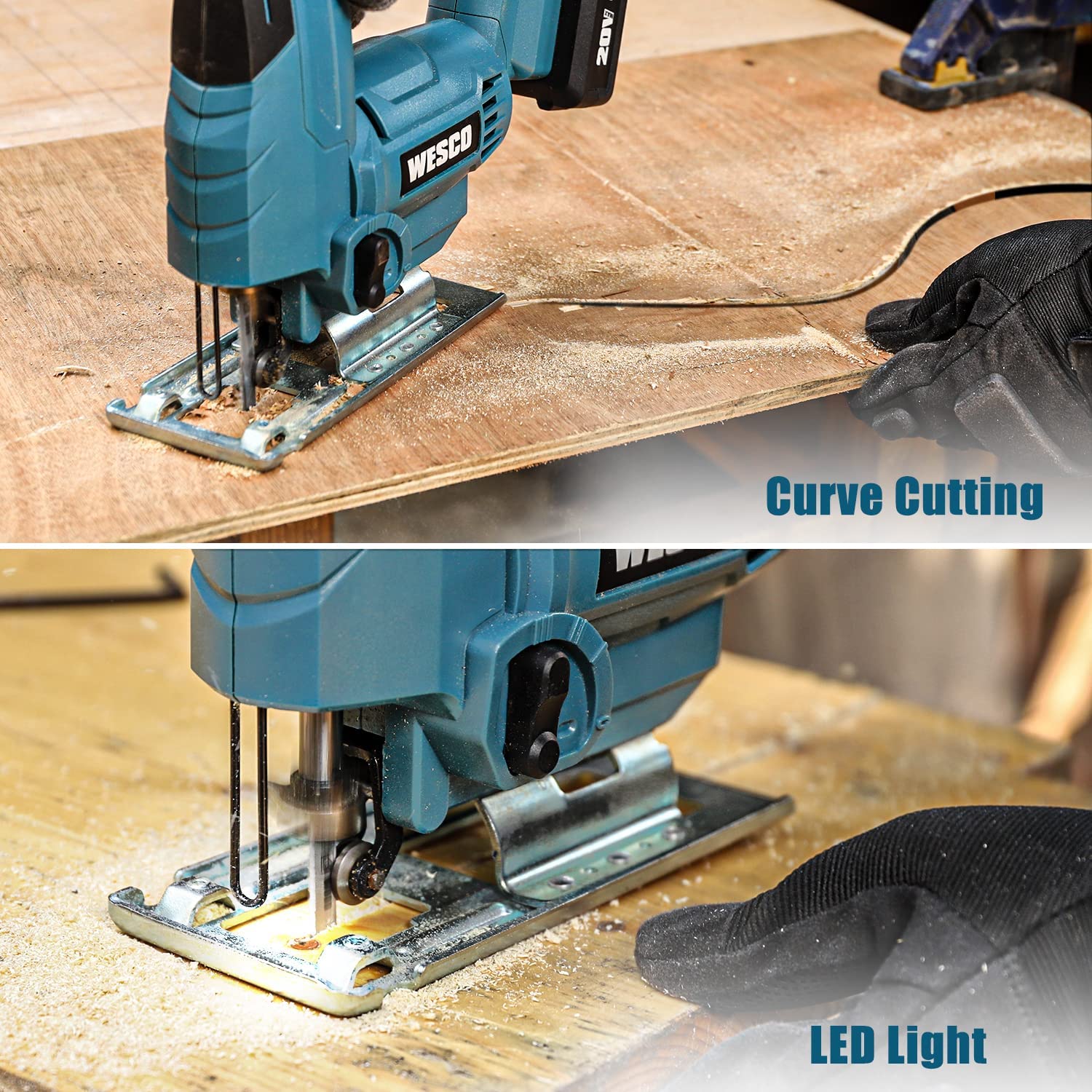 Wesco Cordless Jigsaw Tool with 20V Battery, 2500SPM, 4 Orbital Variable Speed and LED Light