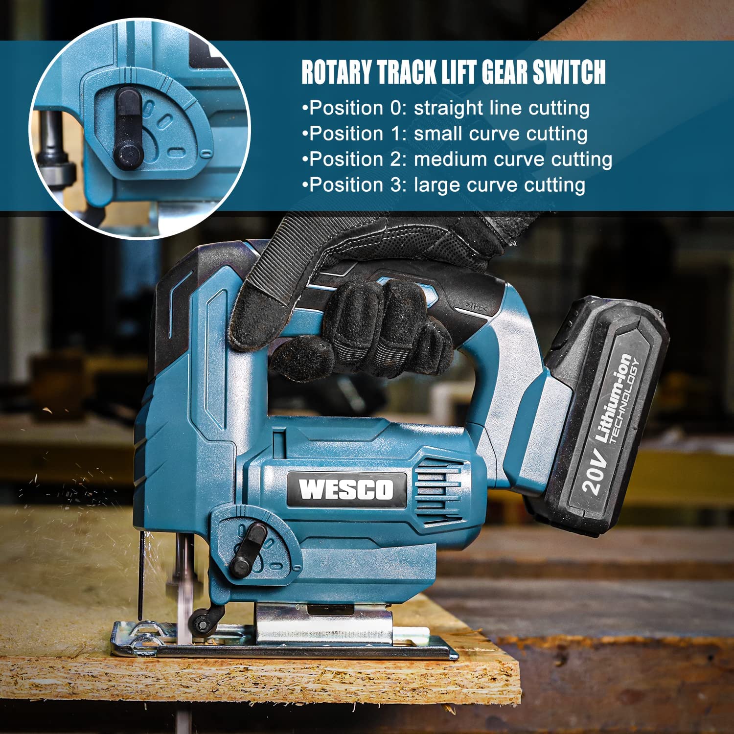 Wesco Cordless Jigsaw Tool with 20V Battery, 2500SPM, 4 Orbital Variable Speed and LED Light