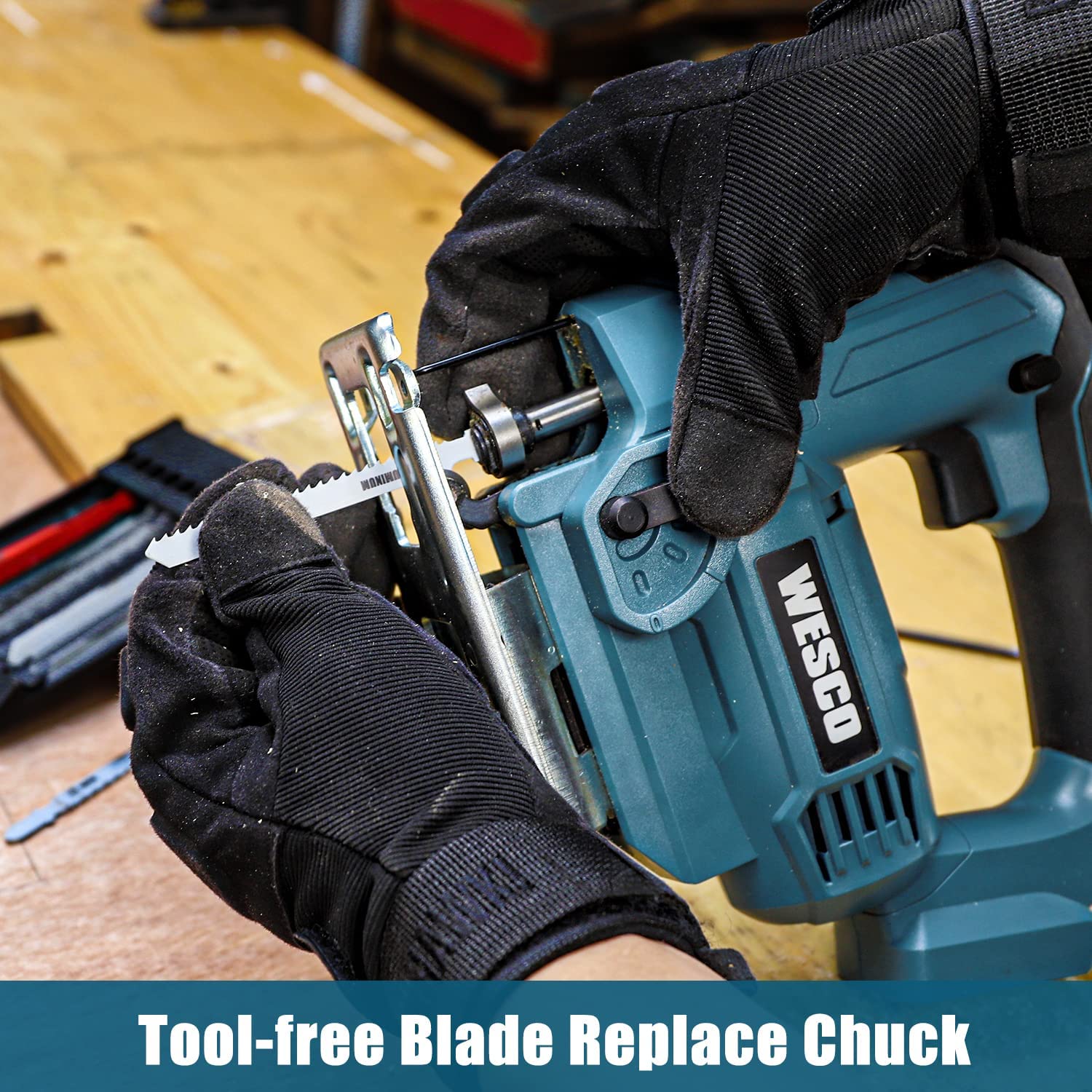 Wesco Cordless Jigsaw Tool with 20V Battery, 2500SPM, 4 Orbital Variable Speed and LED Light