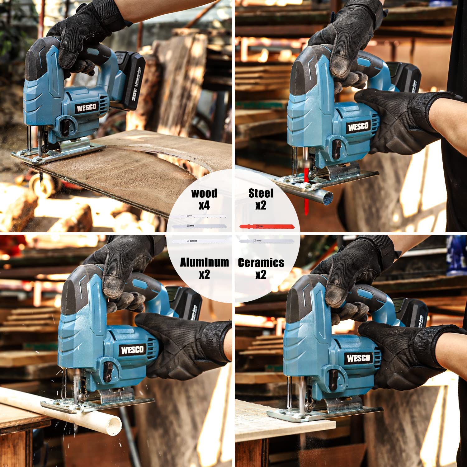 Wesco Cordless Jigsaw Tool with 20V Battery, 2500SPM, 4 Orbital Variable Speed and LED Light