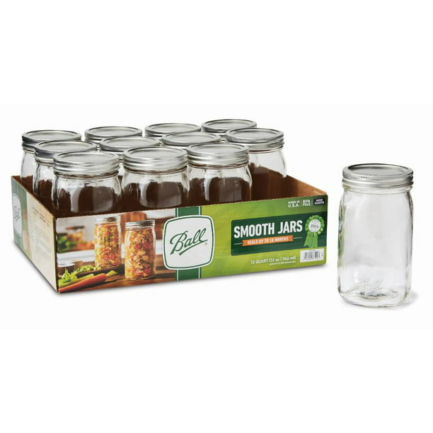Ball Smooth-Sided Glass Mason Jars with Lids & Bands, 32 oz, 12 Count, FOB KS