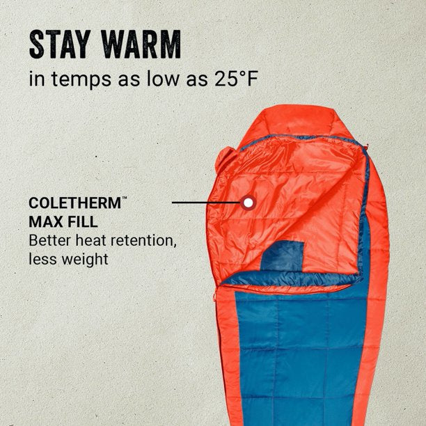 Coleman Kompact 25 Degree F Mummy Sleeping Bag, Tiger Lily, FOB KS