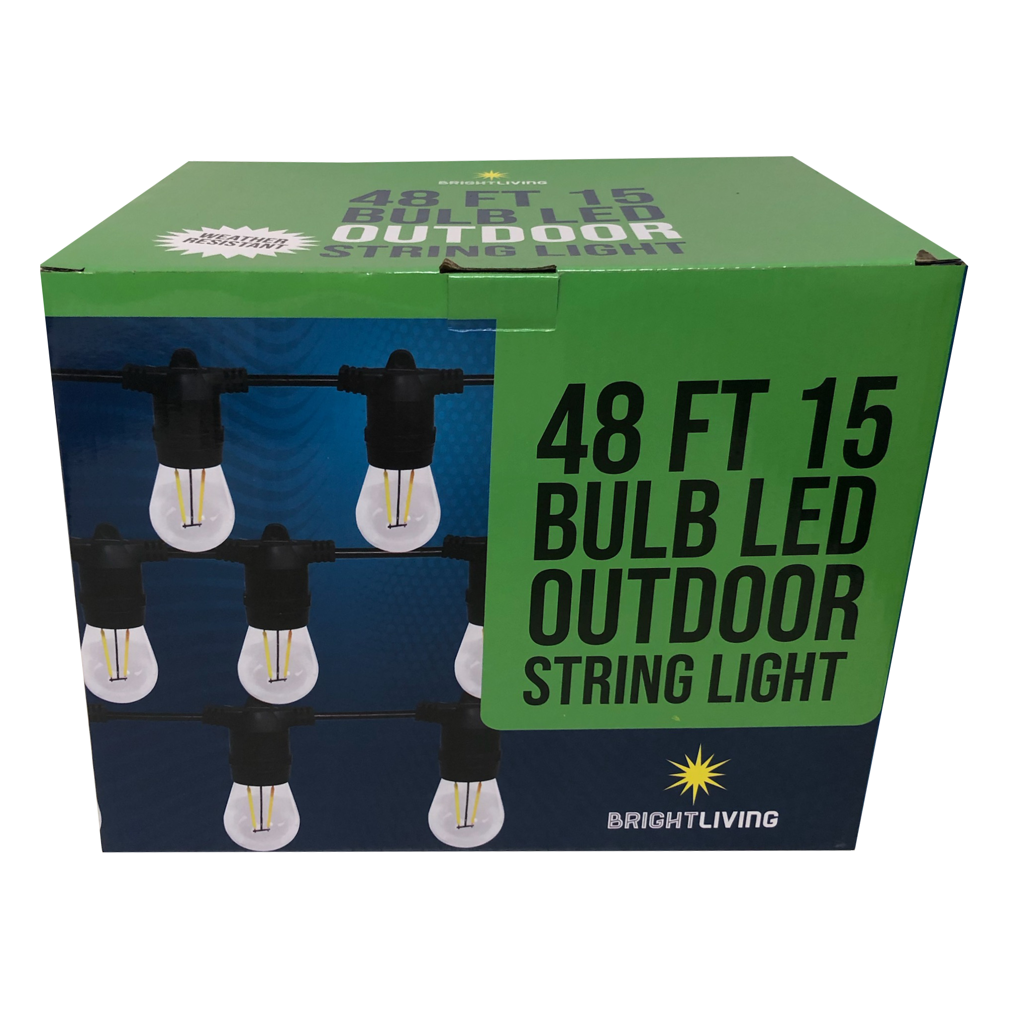BRIGHTLIVING 48ft LED Outdoor String Lights IP65 Rated (15 Bulbs), FOB KS