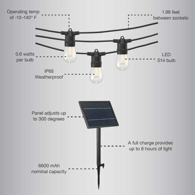 Mr. Beams Solar LED Outdoor String Lights with S14 Bulbs, 54 Feet, 24 Bulbs , FOB KS