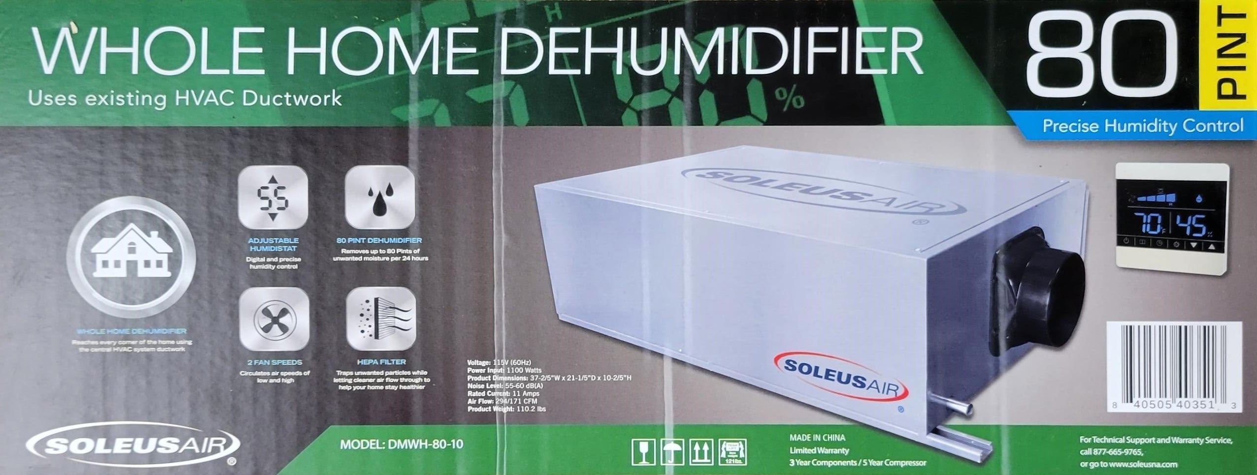 Soleus 80 Pint Whole House Dehumidifier, FOB KS