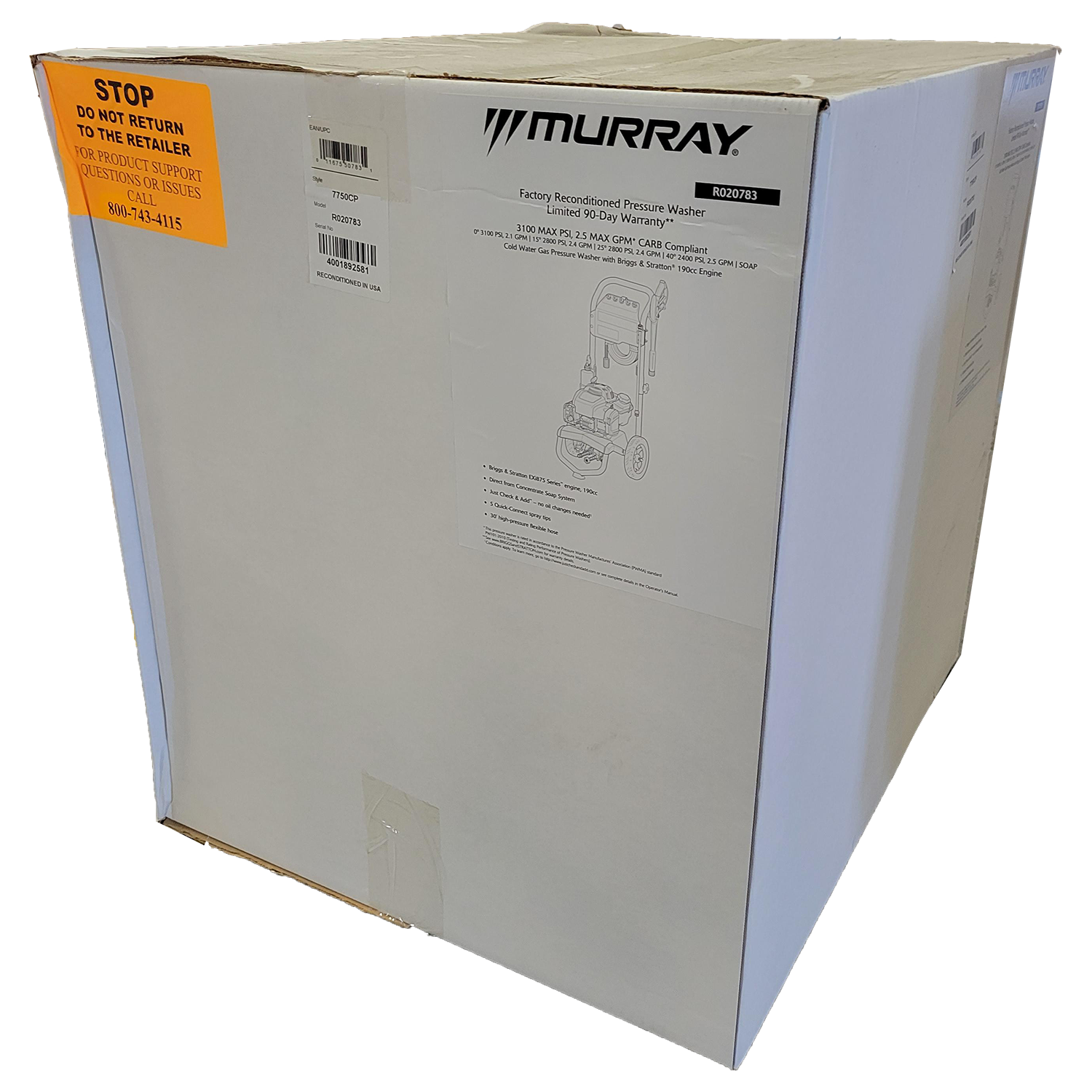 Murray 3,100 PSI 2.5 GPM Gas Pressure Washer with Briggs & Stratton Engine, Factory Refurbished, Brown Box, FOB KS