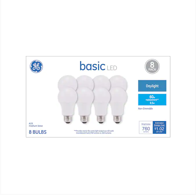 GE 60-Watt Daylight LED Light Bulb, 8 Pack, FOB KS