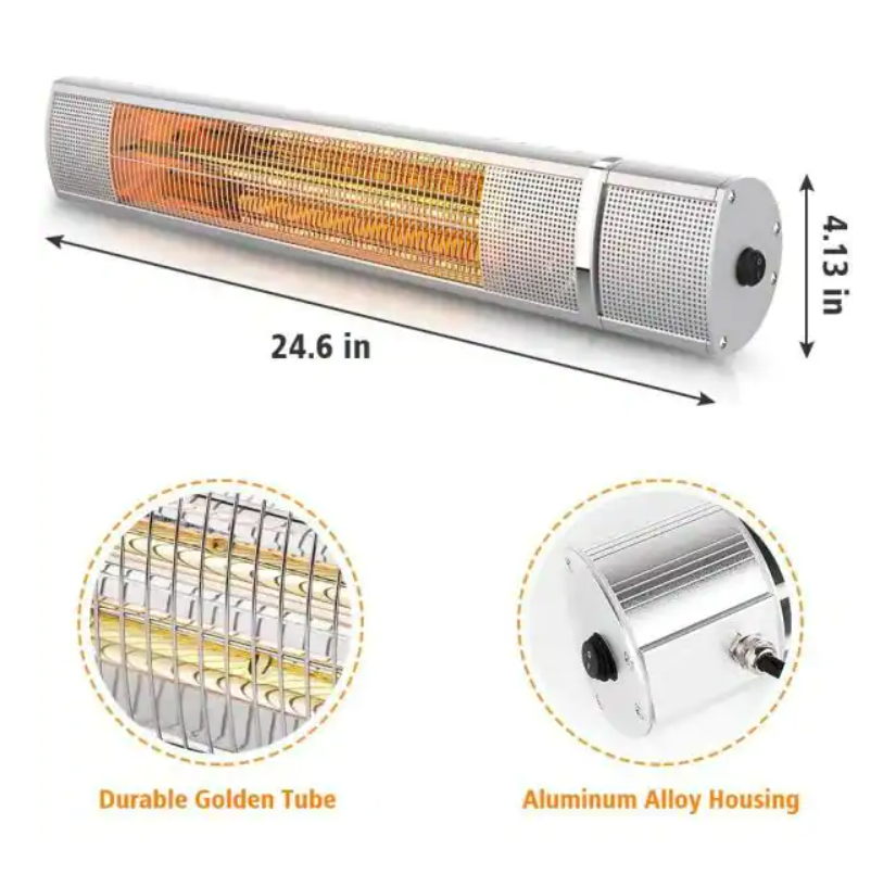 1500-Watt Metallics 3 Elements Electric Other Wall Mounted Quartz Outdoor Infrared Space Heater with Remote Control, Silver, FOB KS