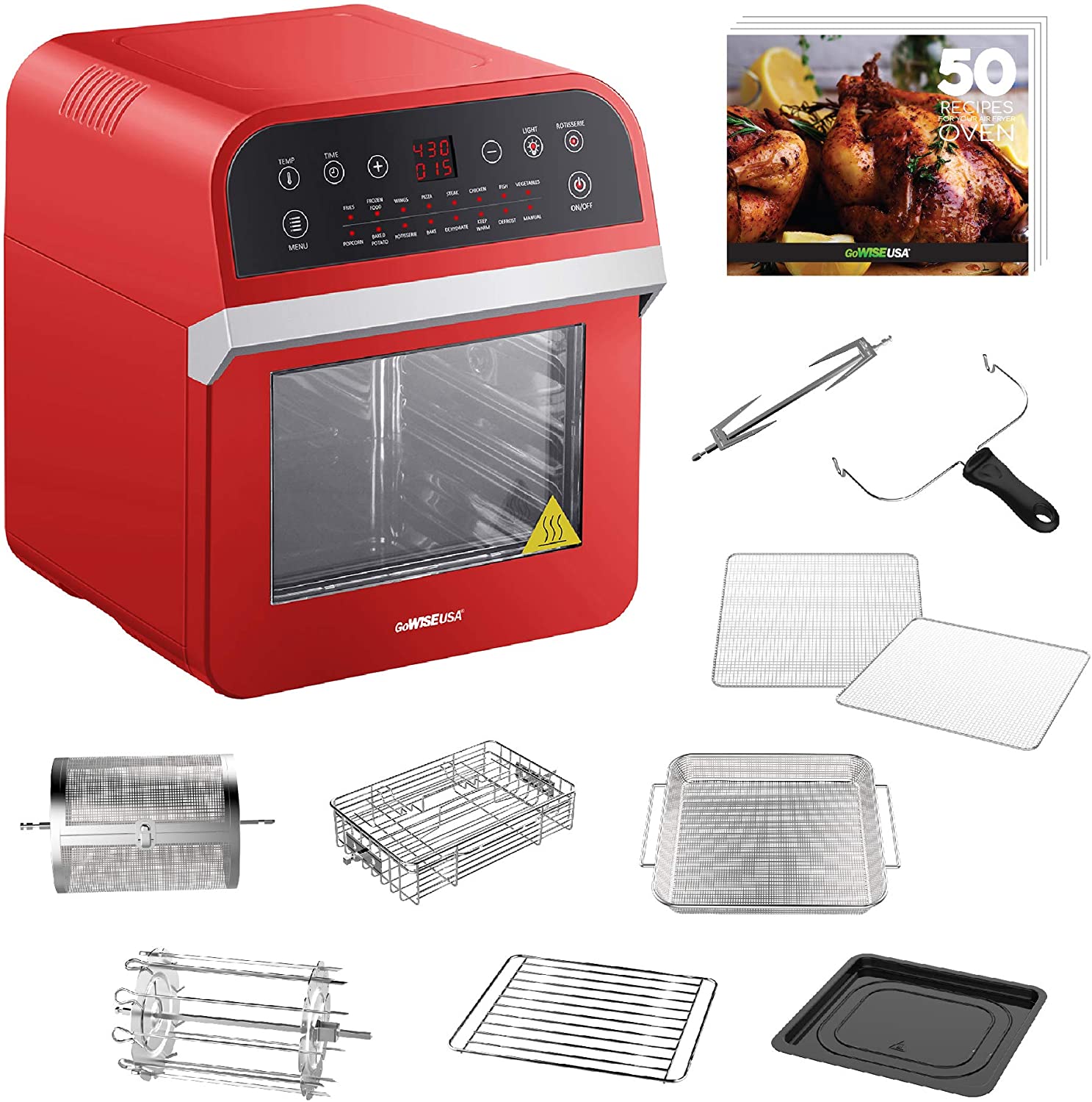 GoWISE USA Deluxe 12.7-Quarts 15-in-1 Electric Air Fryer Oven w/Rotisserie and Dehydrator + 50 Recipes (Red or White)