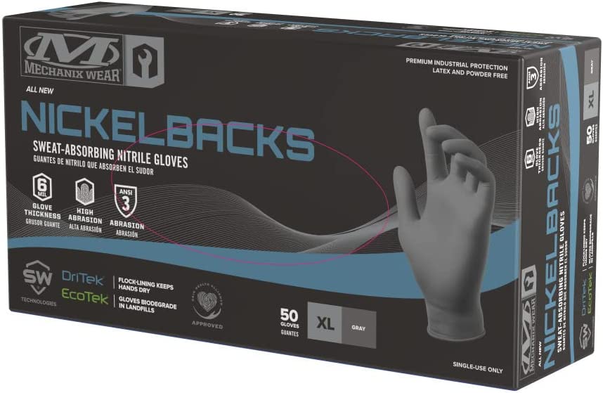 Mechanix Wear: 6 Mil Nickelback Nitrile Gloves ANSI A3 with Sweat Absorbing Liner, Latex and Powder Free, Disposable Gloves, Textured Grip, 50 pack, Cleaning and Mechanic Work Gloves (Gray 6 mil, M/L/XL)