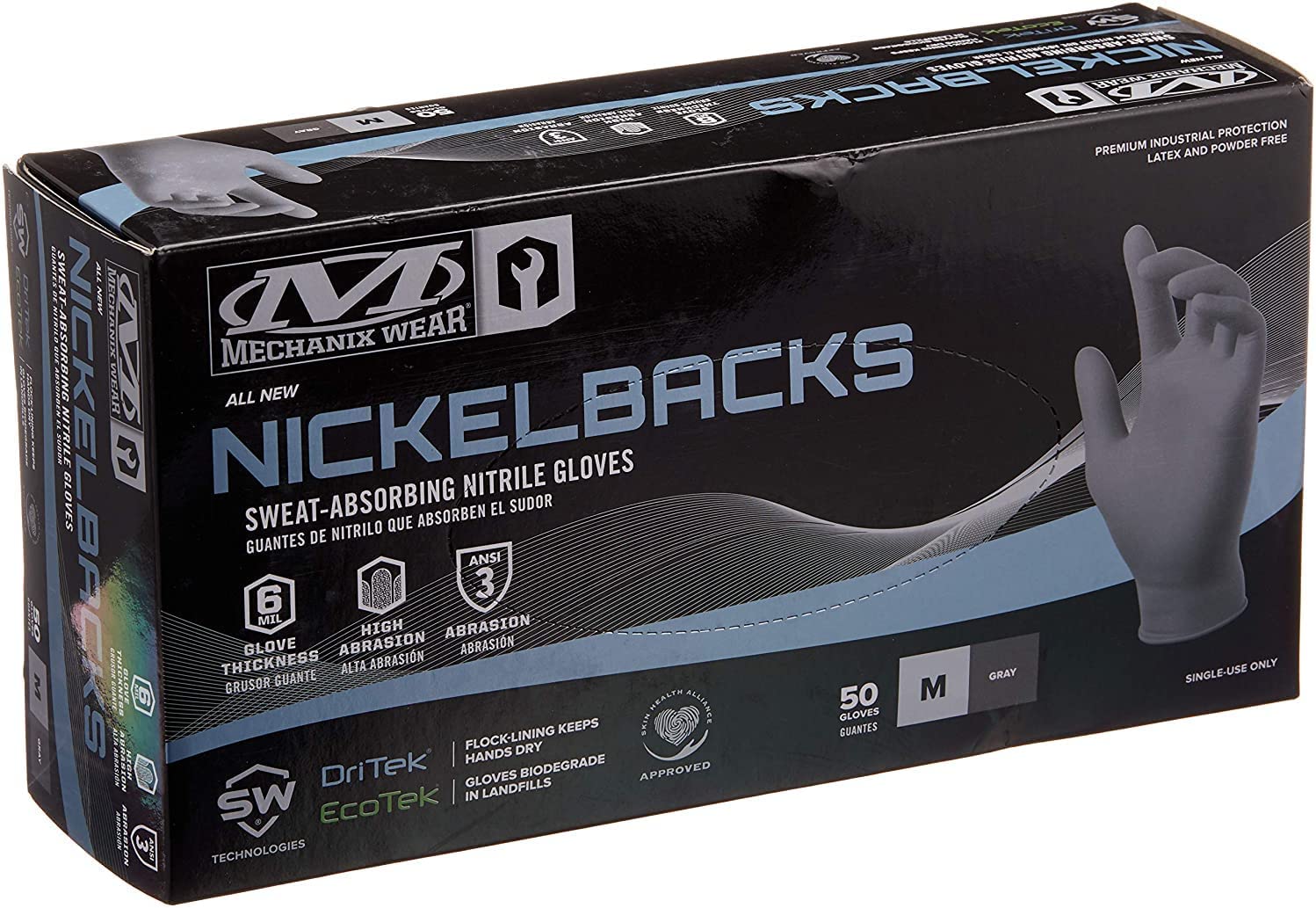 Mechanix Wear: 6 Mil Nickelback Nitrile Gloves ANSI A3 with Sweat Absorbing Liner, Latex and Powder Free, Disposable Gloves, Textured Grip, 50 pack, Cleaning and Mechanic Work Gloves (Gray 6 mil, M/L/XL)