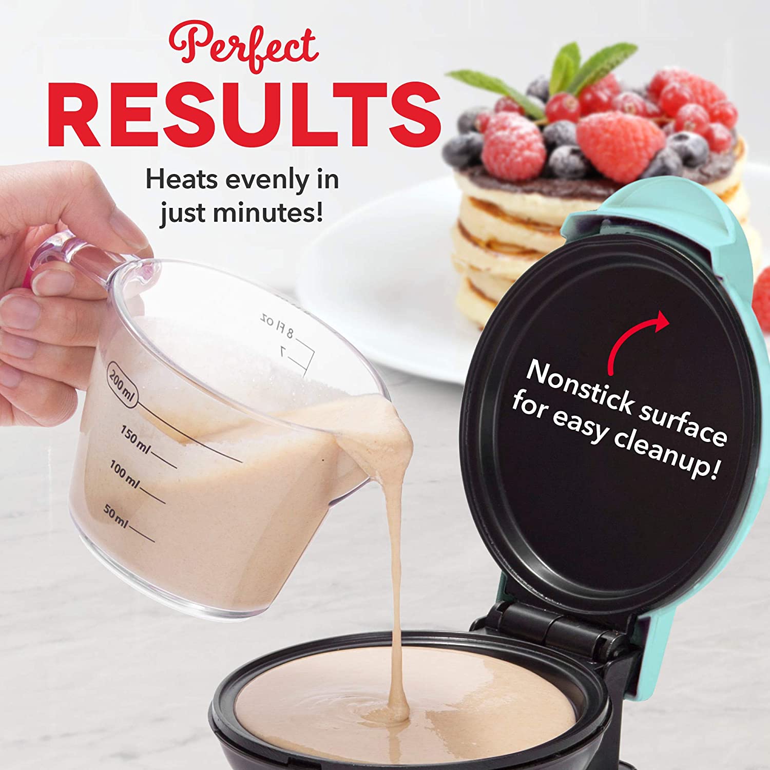 DASH Mini Maker Electric Round Griddle for Individual Pancakes, Cookies, Eggs & other on the go Breakfast, Lunch & Snacks with Indicator Light + Included Recipe Book - Aqua,4 Inch