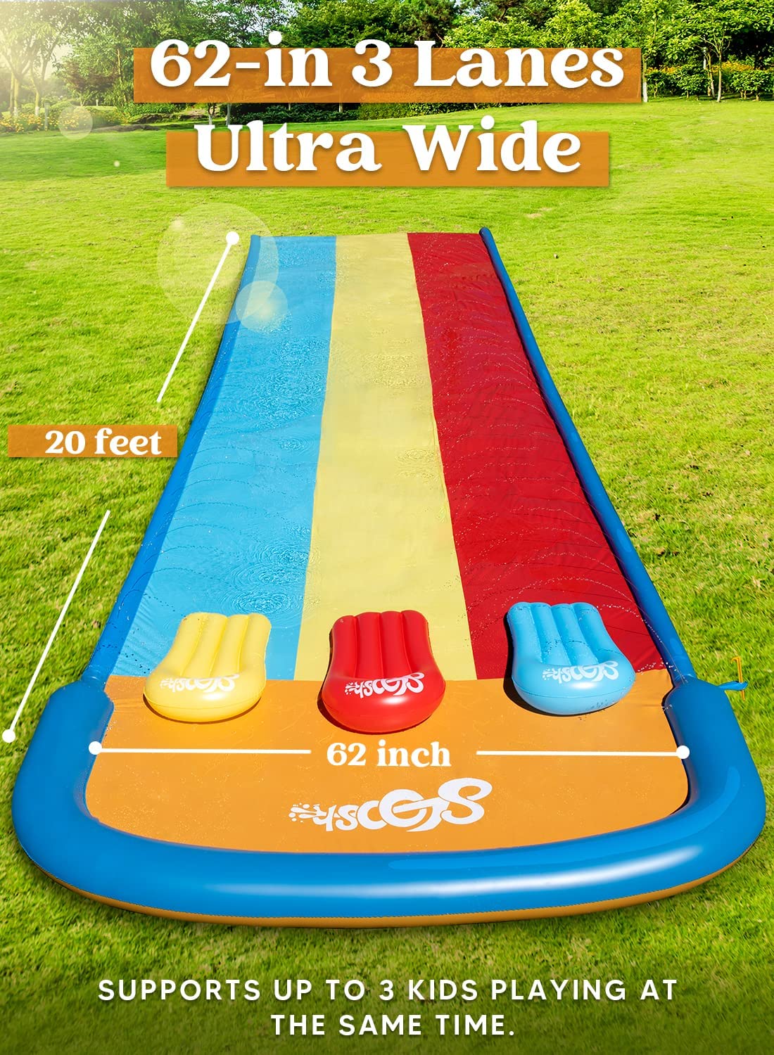 22.5ft Sloosh SIip Slide 3 Person Deluxe Water Slides with 3 Boogie Boards Backyard Outdoor Giant Waterslide 3 Sliding Racing Lanes with Sprinklers Summer Toy 22.5ft x 78in