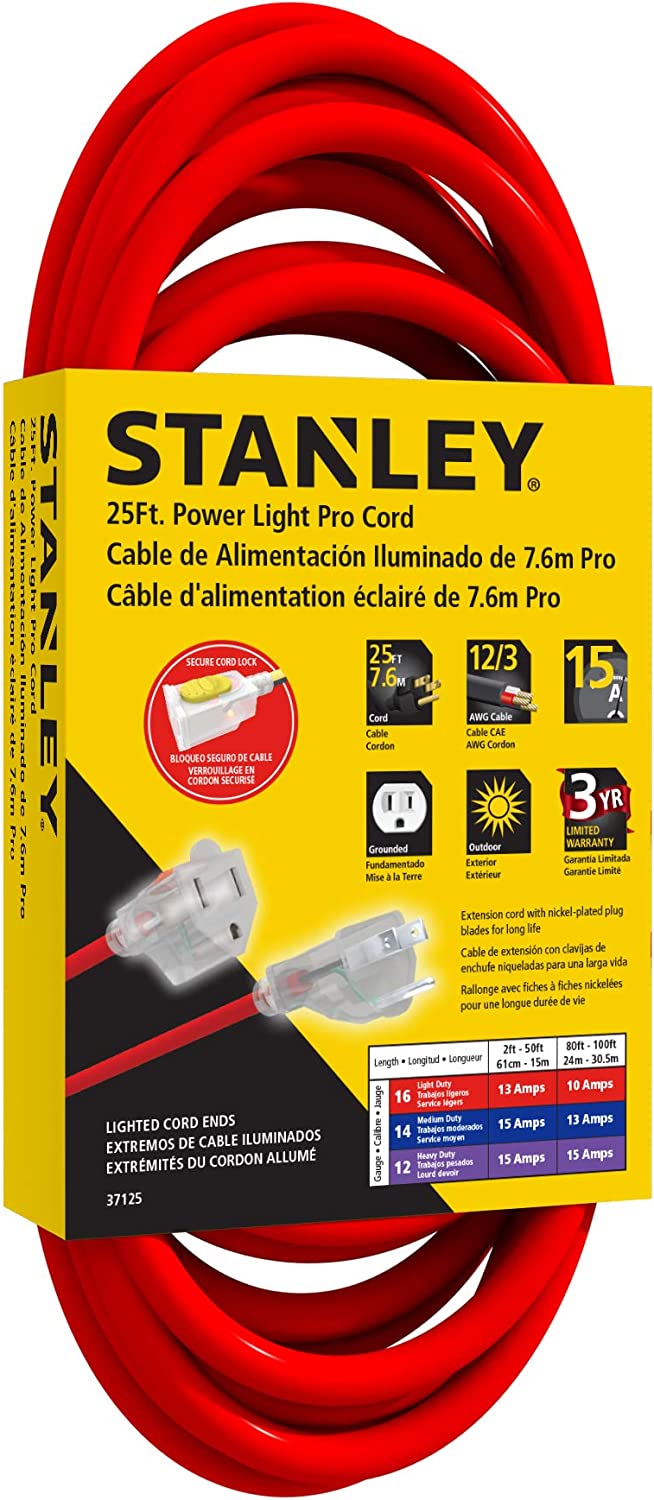 Stanley 37125 25 FT. Power Light Pro Cord, Heavy Duty Extension Cord, Red