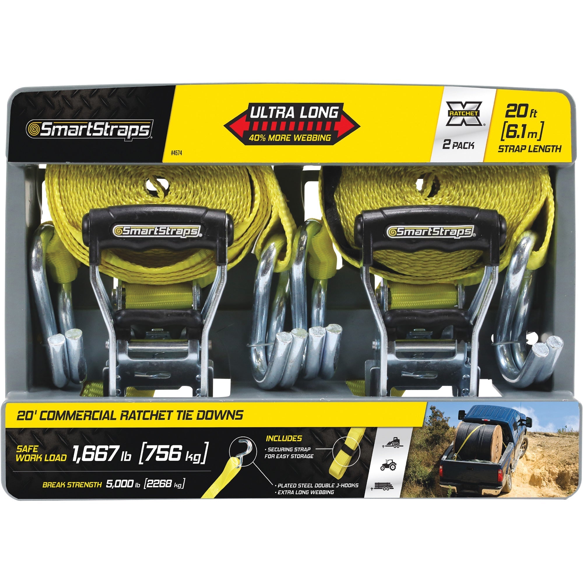 SmartStraps RatchetX Ratchet Tie-Down Strap, 2-Pk., 1.5 in. x 20ft., with J-Hook, 5000-Lb. Breaking Strength, Yellow