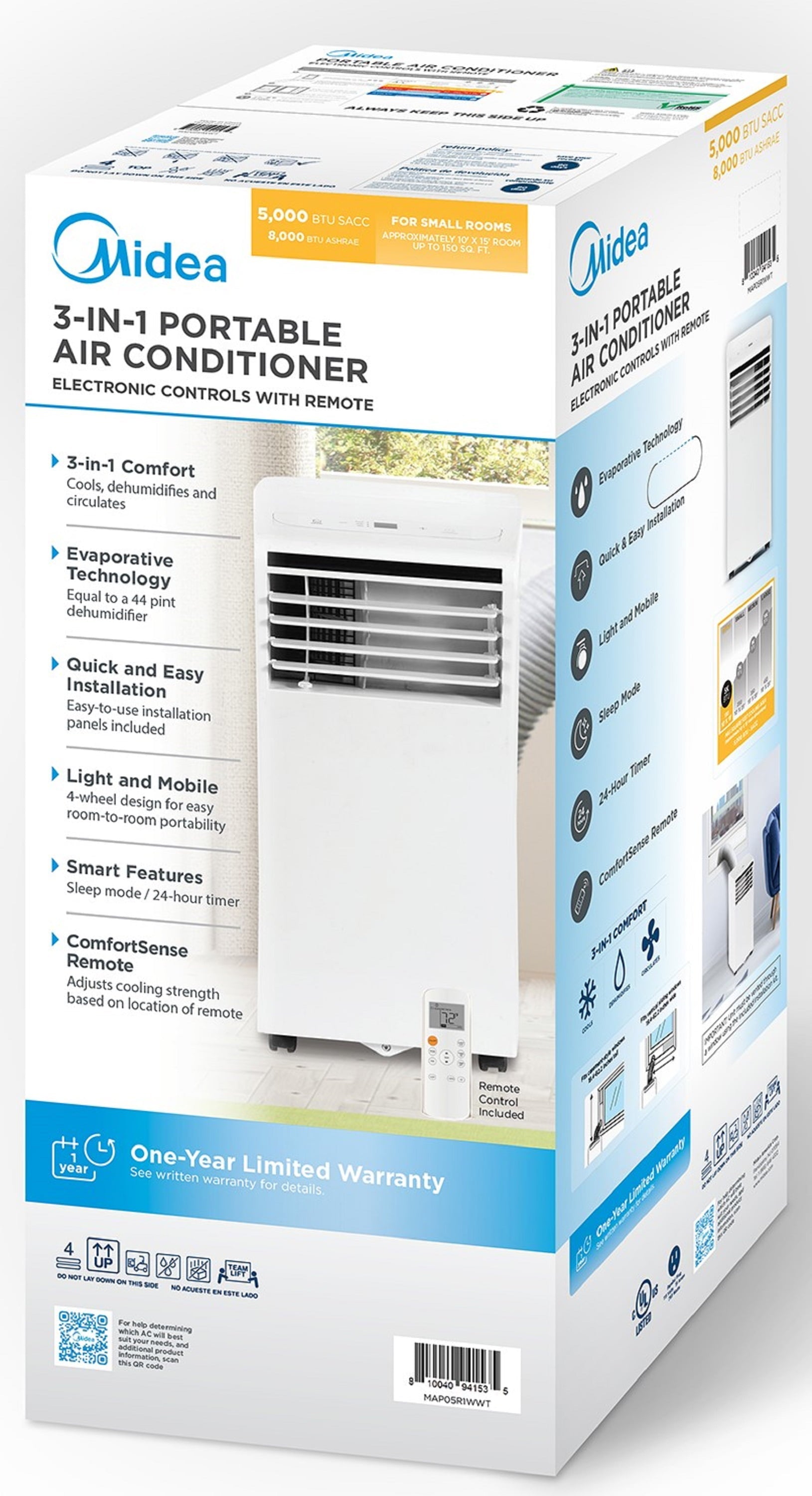 Midea 8,000 BTU ASHRAE (5,000 BTU DOE) 115V Portable Air Conditioner with Comfort Sense Remote, White, MAP05R1WWT