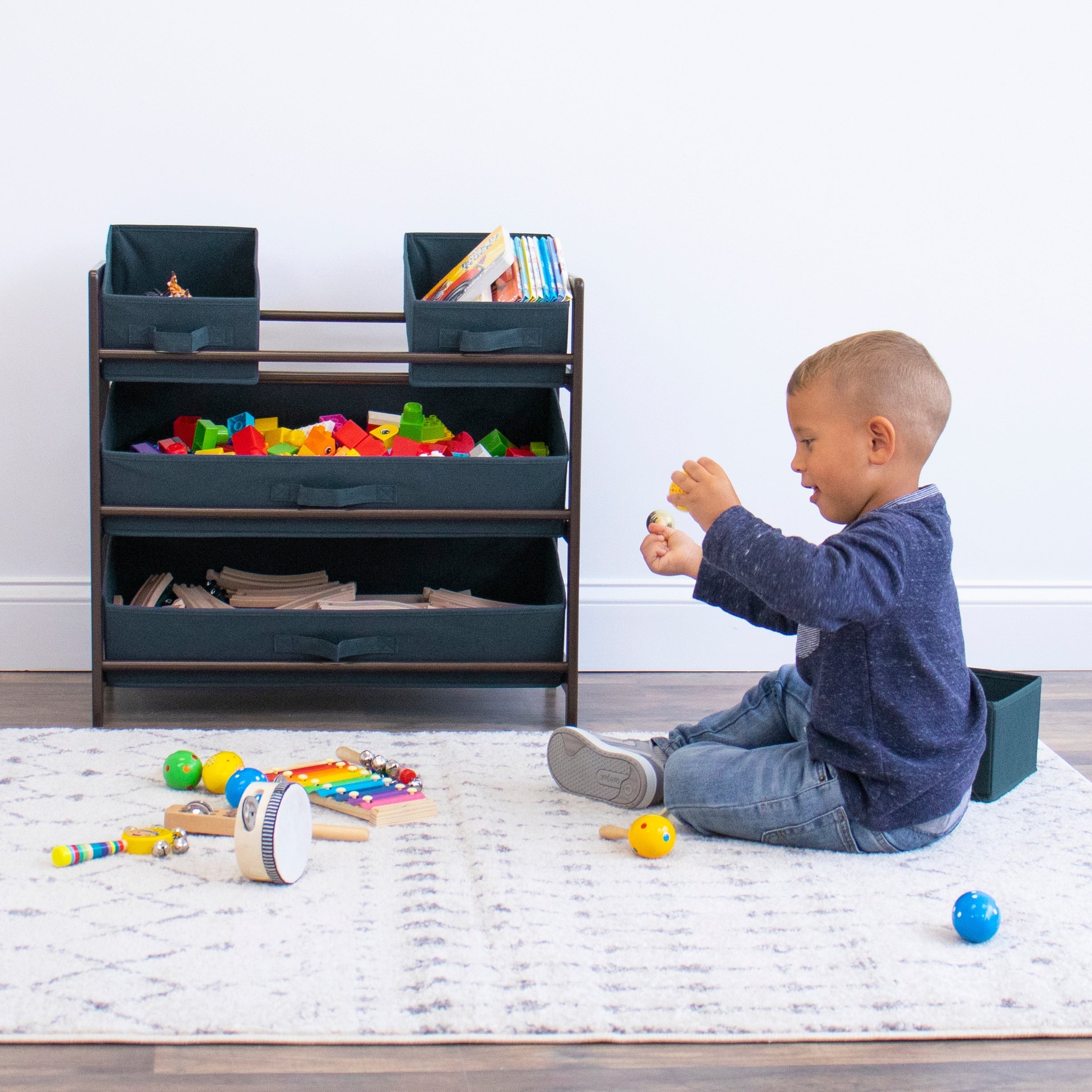 Humble Crew Oslo Compact Fabric Bin Organizer, 3 Small Bins & 2 Large Bins, Dark Pine & Grey or Dark Pine & Navy