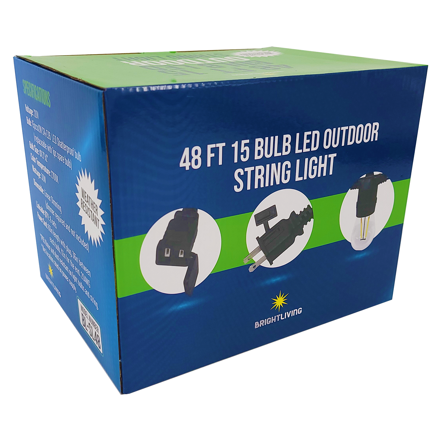 BRIGHTLIVING 48ft LED Outdoor String Lights IP65 Rated (15 Bulbs), FOB KS