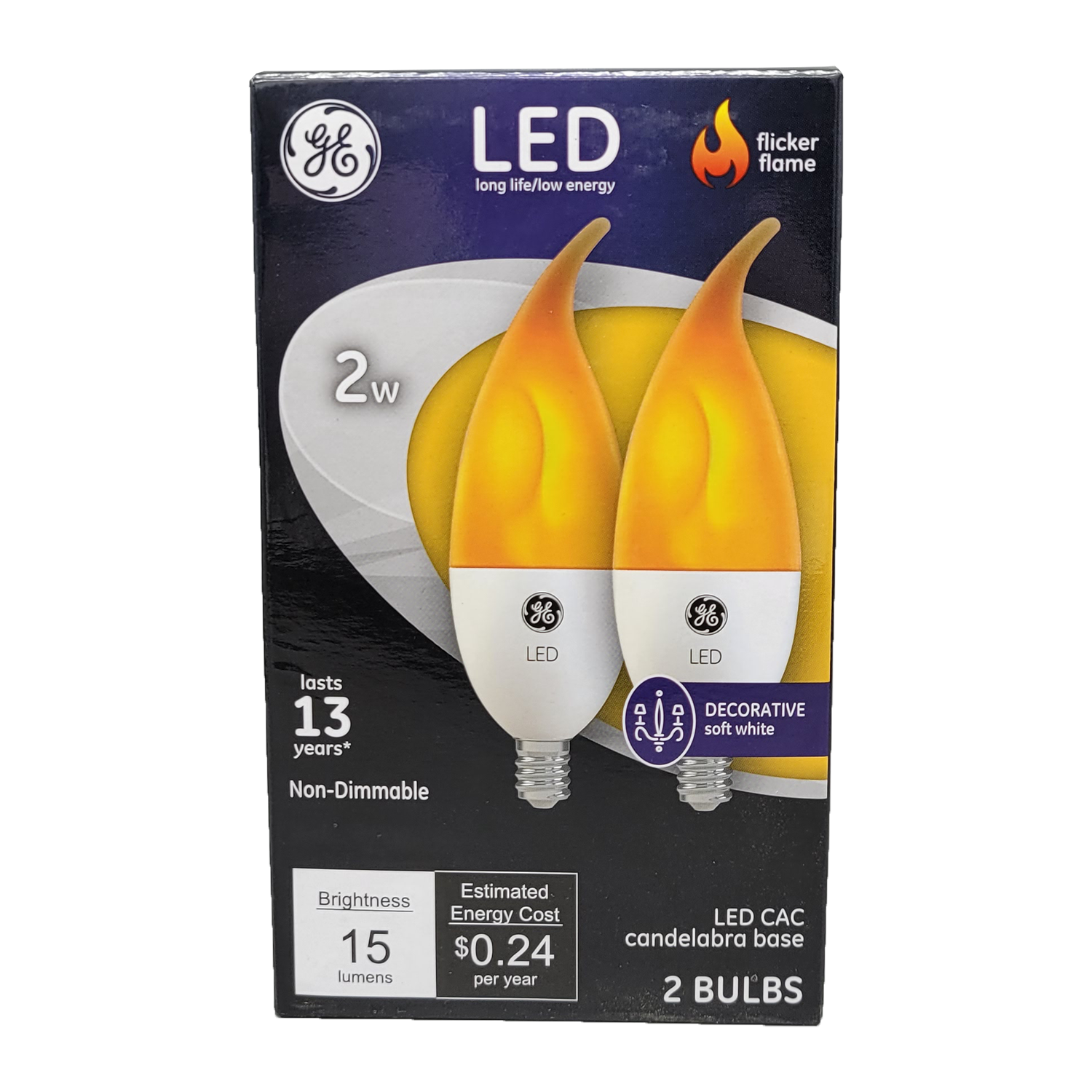GE Flicker Flame 2W LED Light Bulb, FOB KS