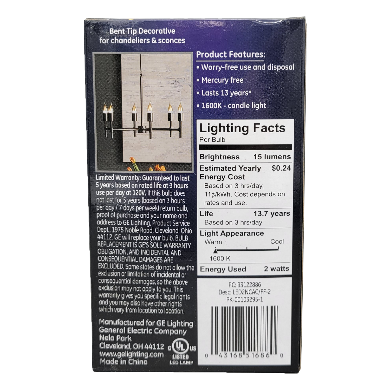 GE Flicker Flame 2W LED Light Bulb, FOB KS