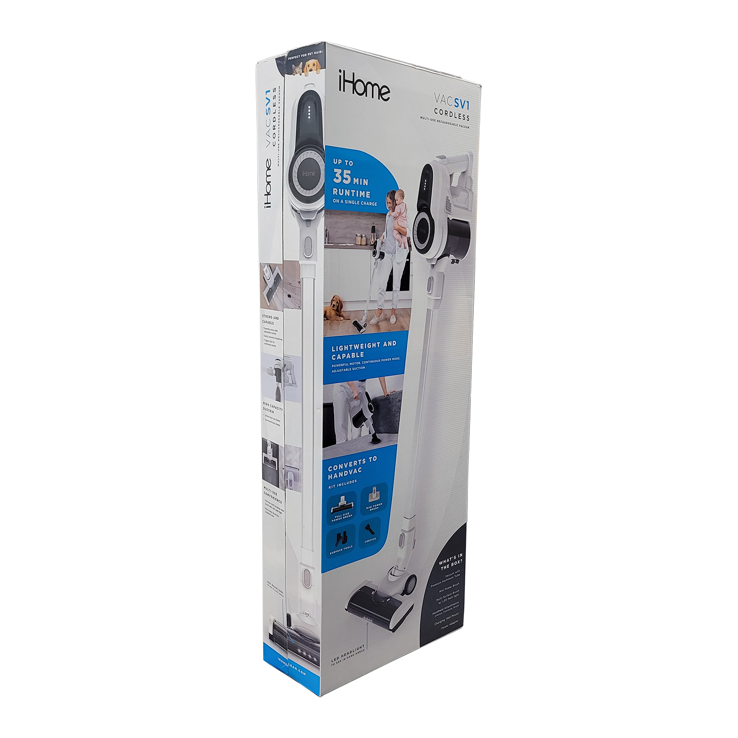 iHome StickVac SV1 Lightweight Stick Vacuum Cleaner, with Strong Suction, LED Lighting, 3-in-1 Converts to HandVac, Long Lasting Battery, FOB KS