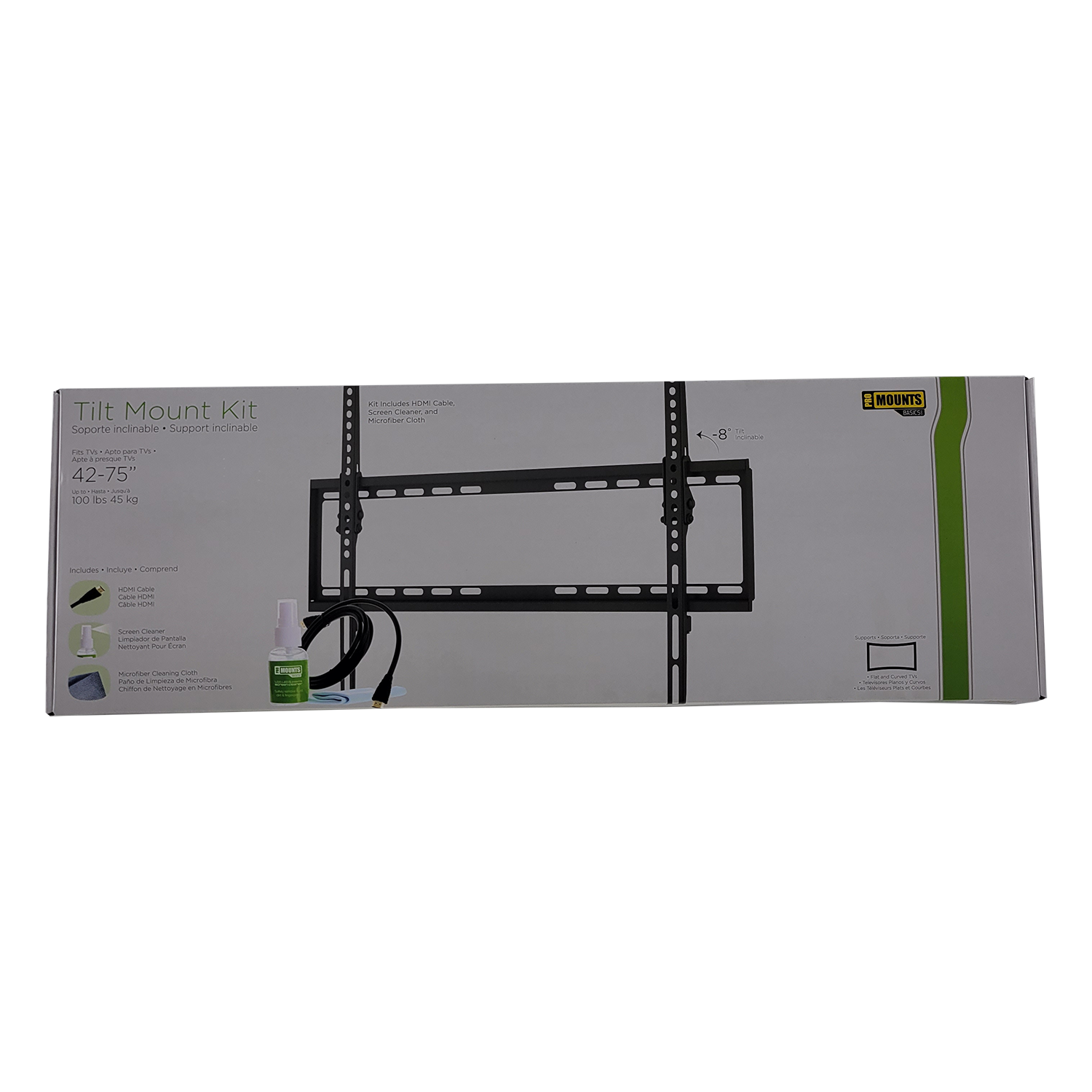 ProMounts Tilting TV Wall Mount for 42"-75" Screens Holds up to 100 lbs with HDMI Cable and Screen Cleaner, FOB KS