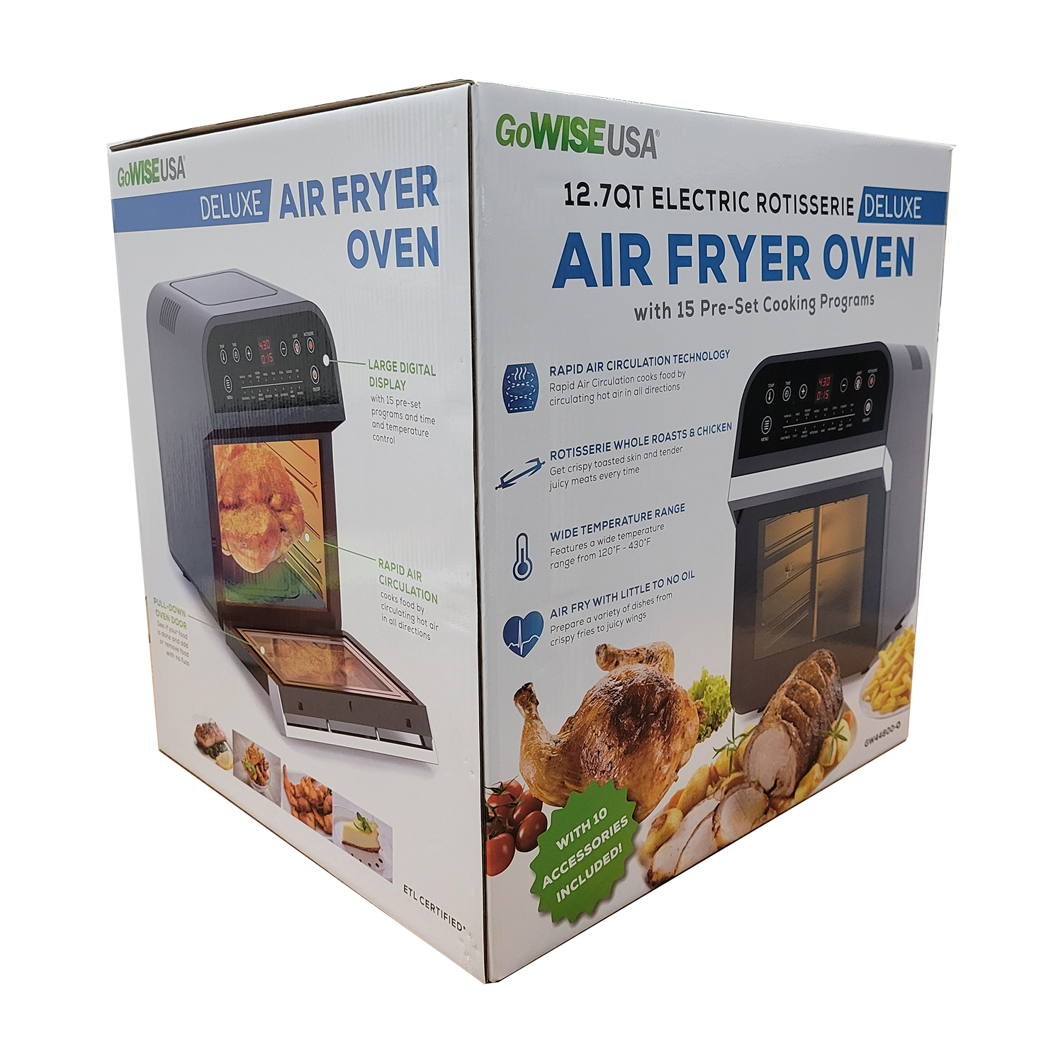 GoWISE USA Deluxe 12.7-Quarts 15-in-1 Electric Air Fryer Oven with Rotisserie and Dehydrator + 50 Recipes QT, Black/Silver, FOB KS