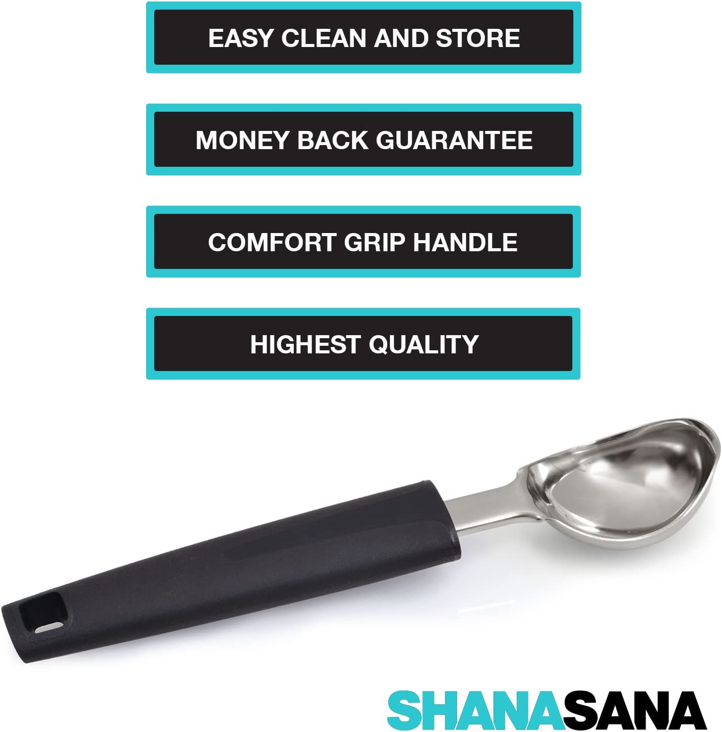 Shanasana Ice Cream Scoop (Incredibly Durable Stainless Steel) Non-Slip Comfort Handle - Perfect Metal Ice Cream Spoon