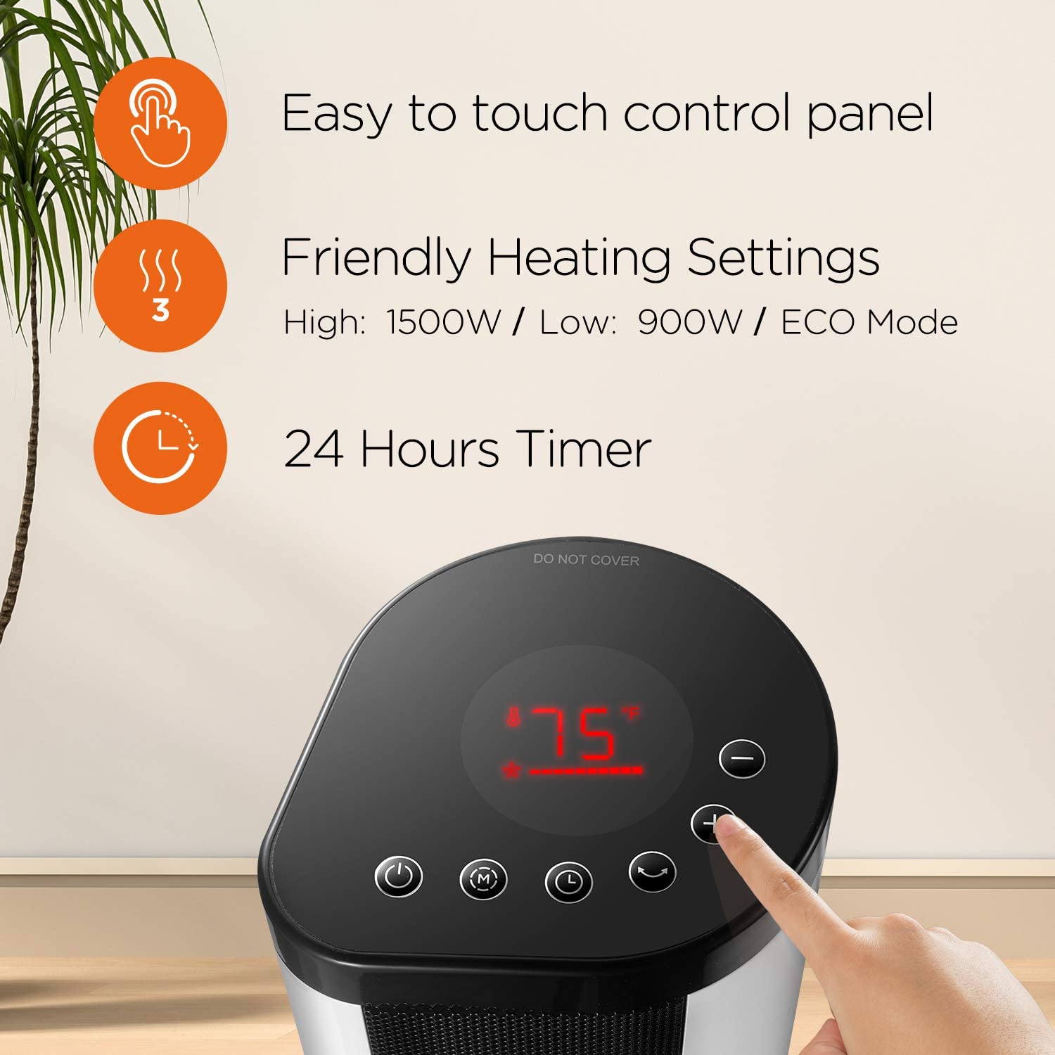 PELONIS Portable 1500W Vertical and Horizontal Ceramic Tower Space Heater, Internal Oscillation, with Remote Control, Programmable Thermostat & 24H Timer and Overheating Protection, White