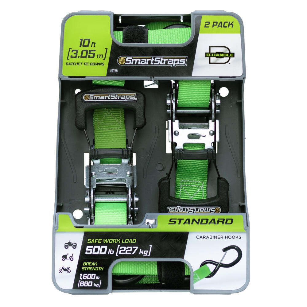 SmartStraps 1 x 10' Green Padded D-Handle Ratchet Strap Tie Down w/Gated Hook - 2 Pack