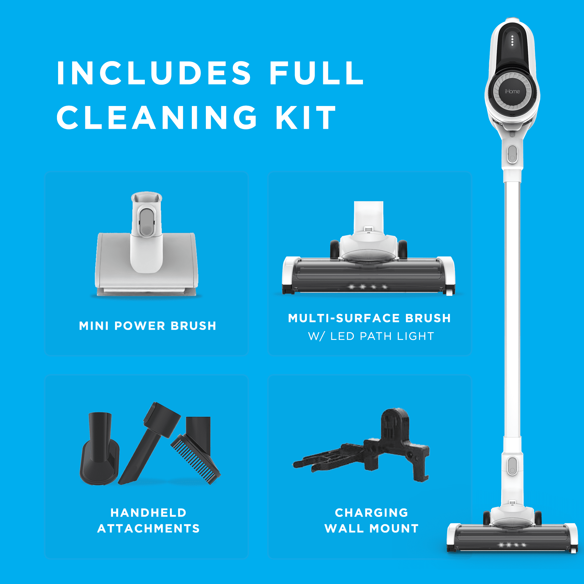 iHome StickVac SV1 Lightweight Stick Vacuum Cleaner, with Strong Suction, LED Lighting, 3-in-1 Converts to HandVac, Long Lasting Battery, FOB KS