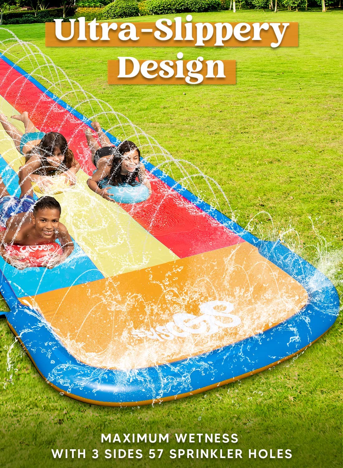 22.5ft Sloosh SIip Slide 3 Person Deluxe Water Slides with 3 Boogie Boards Backyard Outdoor Giant Waterslide 3 Sliding Racing Lanes with Sprinklers Summer Toy 22.5ft x 78in